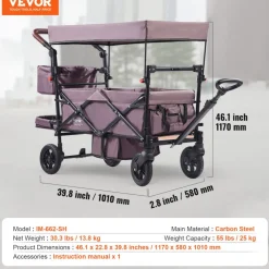 VEVOR Wagon Stroller for 2 Kids, Push Pull Quad Collapsible Stroller with Adjustable Handle, Encircling Harness Removable Canopy,4 Wheels w/ Brakes,Mutifunction Tandem Stroller for Camping Dark Purple