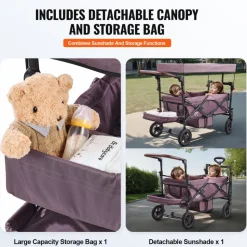 VEVOR Wagon Stroller for 2 Kids, Push Pull Quad Collapsible Stroller with Adjustable Handle, Encircling Harness Removable Canopy,4 Wheels w/ Brakes,Mutifunction Tandem Stroller for Camping Dark Purple