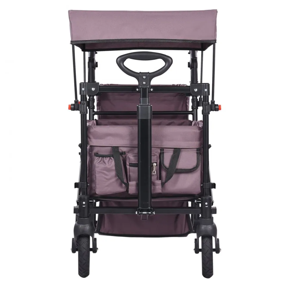 VEVOR Wagon Stroller for 2 Kids, Push Pull Quad Collapsible Stroller with Adjustable Handle, Encircling Harness Removable Canopy,4 Wheels w/ Brakes,Mutifunction Tandem Stroller for Camping Dark Purple