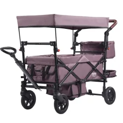 VEVOR Wagon Stroller for 2 Kids, Push Pull Quad Collapsible Stroller with Adjustable Handle, Encircling Harness Removable Canopy,4 Wheels w/ Brakes,Mutifunction Tandem Stroller for Camping Dark Purple