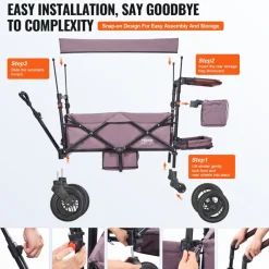 VEVOR Wagon Stroller for 2 Kids, Push Pull Quad Collapsible Stroller with Adjustable Handle, Encircling Harness Removable Canopy,4 Wheels w/ Brakes,Mutifunction Tandem Stroller for Camping Dark Purple