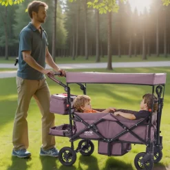 VEVOR Wagon Stroller for 2 Kids, Push Pull Quad Collapsible Stroller with Adjustable Handle, Encircling Harness Removable Canopy,4 Wheels w/ Brakes,Mutifunction Tandem Stroller for Camping Dark Purple