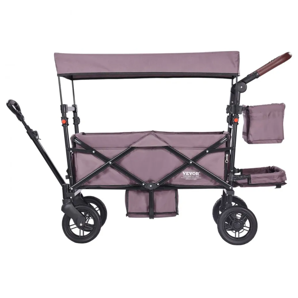 VEVOR Wagon Stroller for 2 Kids, Push Pull Quad Collapsible Stroller with Adjustable Handle, Encircling Harness Removable Canopy,4 Wheels w/ Brakes,Mutifunction Tandem Stroller for Camping Dark Purple