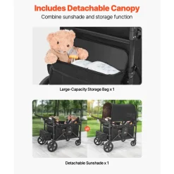 VEVOR Wagon Stroller for 4 Kids, Push Pull Quad Collapsible Stroller with Adjustable Handle, 5-Point Safety Harness & Removable Canopy, 4-Seater Stroller Wagon for Camping, Black (330LBS Loading)