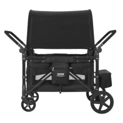 VEVOR Wagon Stroller for 4 Kids, Push Pull Quad Collapsible Stroller with Adjustable Handle, 5-Point Safety Harness & Removable Canopy, 4-Seater Stroller Wagon for Camping, Black (330LBS Loading)