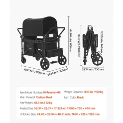 VEVOR Wagon Stroller for 4 Kids, Push Pull Quad Collapsible Stroller with Adjustable Handle, 5-Point Safety Harness & Removable Canopy, 4-Seater Stroller Wagon for Camping, Black (330LBS Loading)