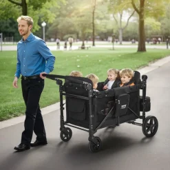 VEVOR Wagon Stroller for 4 Kids, Push Pull Quad Collapsible Stroller with Adjustable Handle, 5-Point Safety Harness & Removable Canopy, 4-Seater Stroller Wagon for Camping, Black (330LBS Loading)