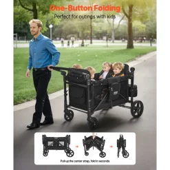 VEVOR Wagon Stroller for 4 Kids, Push Pull Quad Collapsible Stroller with Adjustable Handle, 5-Point Safety Harness & Removable Canopy, 4-Seater Stroller Wagon for Camping, Black (330LBS Loading)