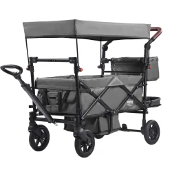 VEVOR Wagon Stroller for 2 Kids, Push Pull Quad Collapsible Stroller with Adjustable Handle, Encircling Harness Removable Canopy, 4 Wheels w/ Brakes, Mutifunction Tandem Stroller for Camping Dark Grey