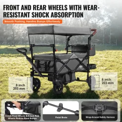 VEVOR Wagon Stroller for 2 Kids, Push Pull Quad Collapsible Stroller with Adjustable Handle, Encircling Harness Removable Canopy, 4 Wheels w/ Brakes, Mutifunction Tandem Stroller for Camping Dark Grey