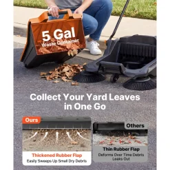 VEVOR Walk-Behind Hand Push Floor Sweeper, Manual Floor Sweeper Non-Electric with 25.6" Sweeping Width, 5 Gallons Waste Container & Adjustable Folding Handle for Yards Walkways Patios Garages - Orange