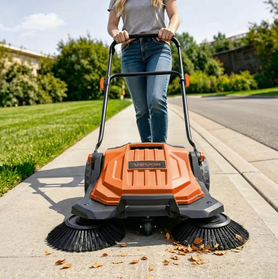 VEVOR Walk-Behind Hand Push Floor Sweeper, Manual Floor Sweeper Non-Electric with 25.6" Sweeping Width, 5 Gallons Waste Container & Adjustable Folding Handle for Yards Walkways Patios Garages - Orange