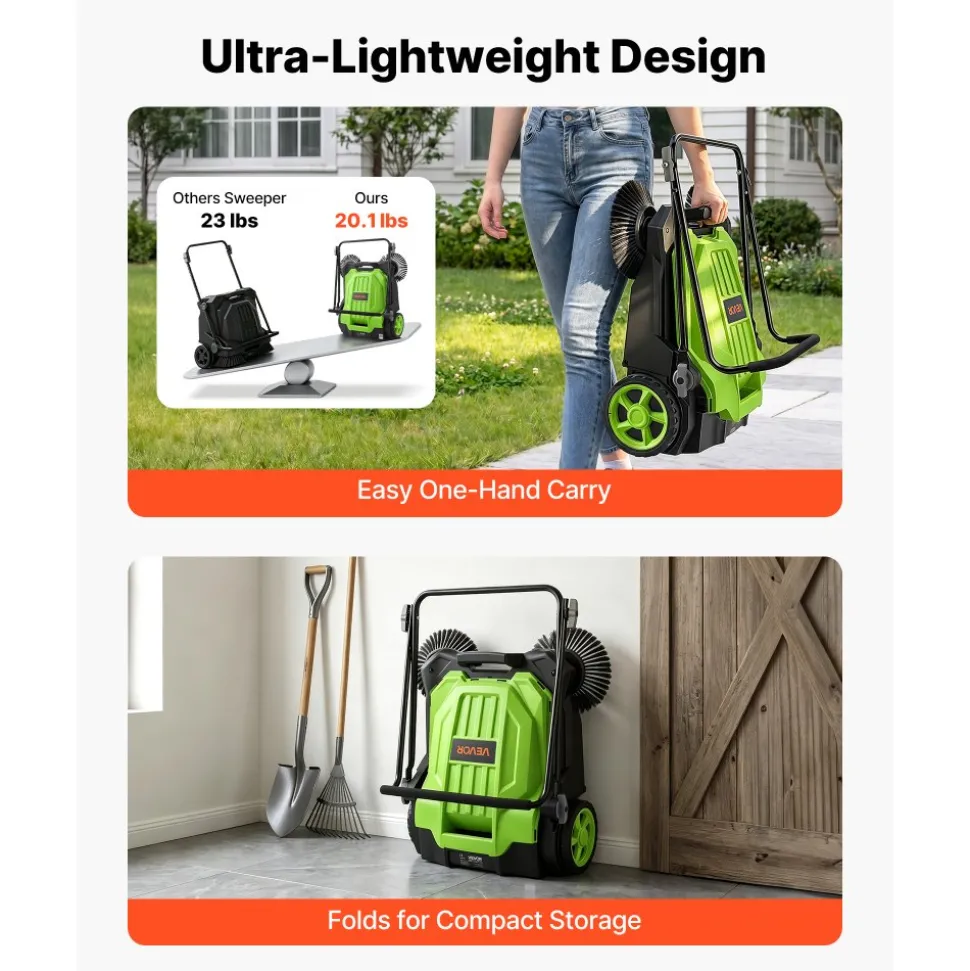 VEVOR Walk-Behind Hand Push Floor Sweeper, Manual Floor Sweeper Non-Electric with 25.6" Sweeping Width, 5 Gallons Waste Container & Adjustable Folding Handle for Yards Walkways Patios Garages - Green