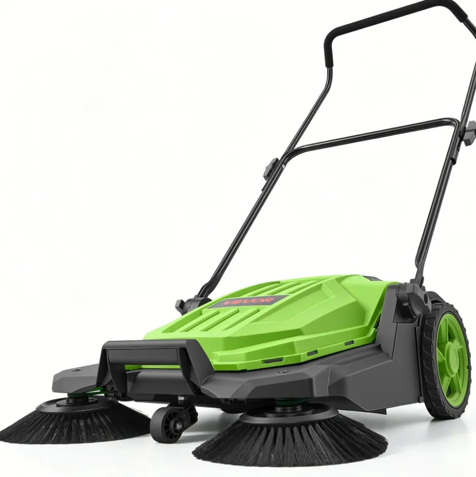 VEVOR Walk-Behind Hand Push Floor Sweeper, Manual Floor Sweeper Non-Electric with 25.6" Sweeping Width, 5 Gallons Waste Container & Adjustable Folding Handle for Yards Walkways Patios Garages - Green