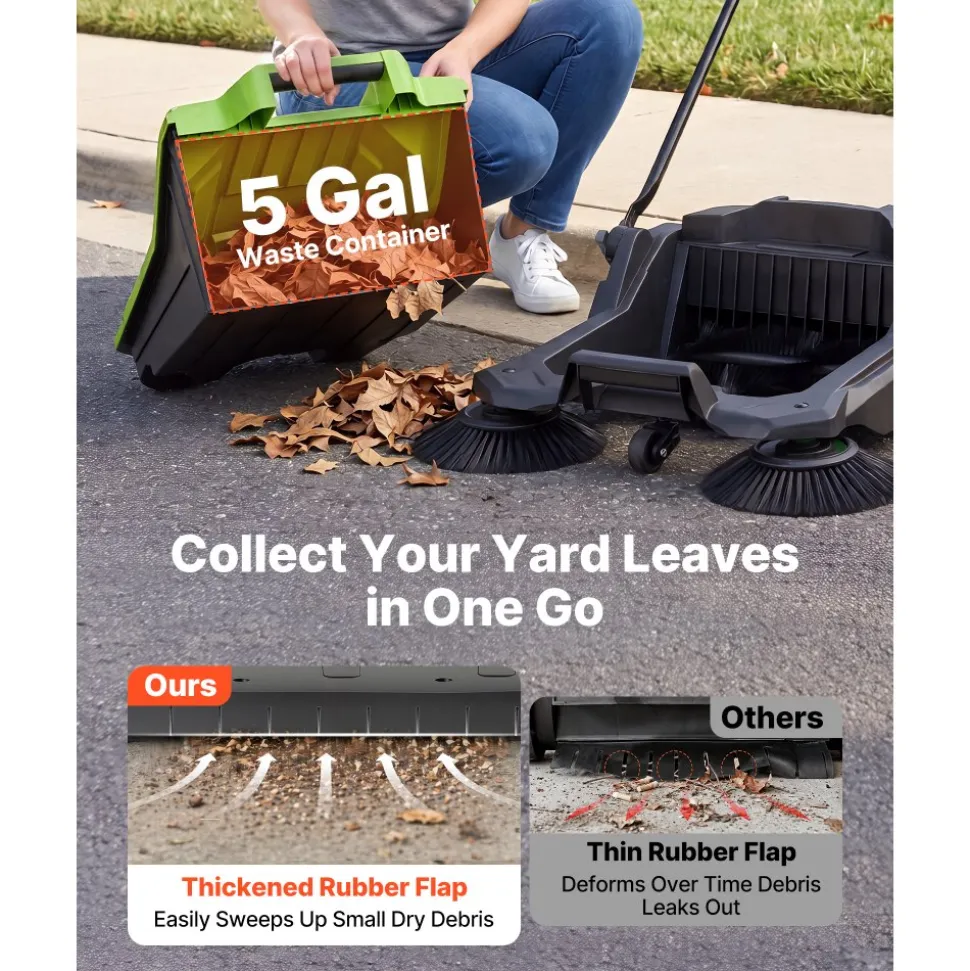 VEVOR Walk-Behind Hand Push Floor Sweeper, Manual Floor Sweeper Non-Electric with 25.6" Sweeping Width, 5 Gallons Waste Container & Adjustable Folding Handle for Yards Walkways Patios Garages - Green