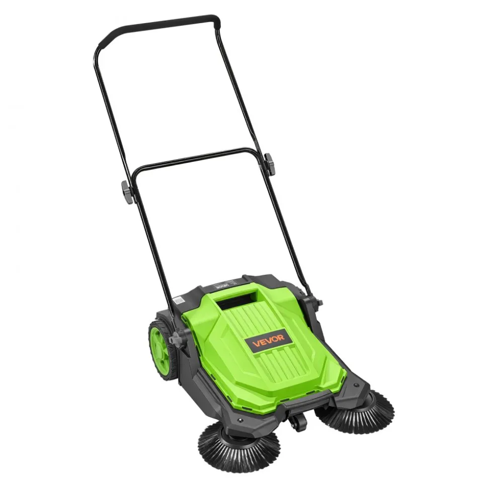 VEVOR Walk-Behind Hand Push Floor Sweeper, Manual Floor Sweeper Non-Electric with 25.6" Sweeping Width, 5 Gallons Waste Container & Adjustable Folding Handle for Yards Walkways Patios Garages - Green