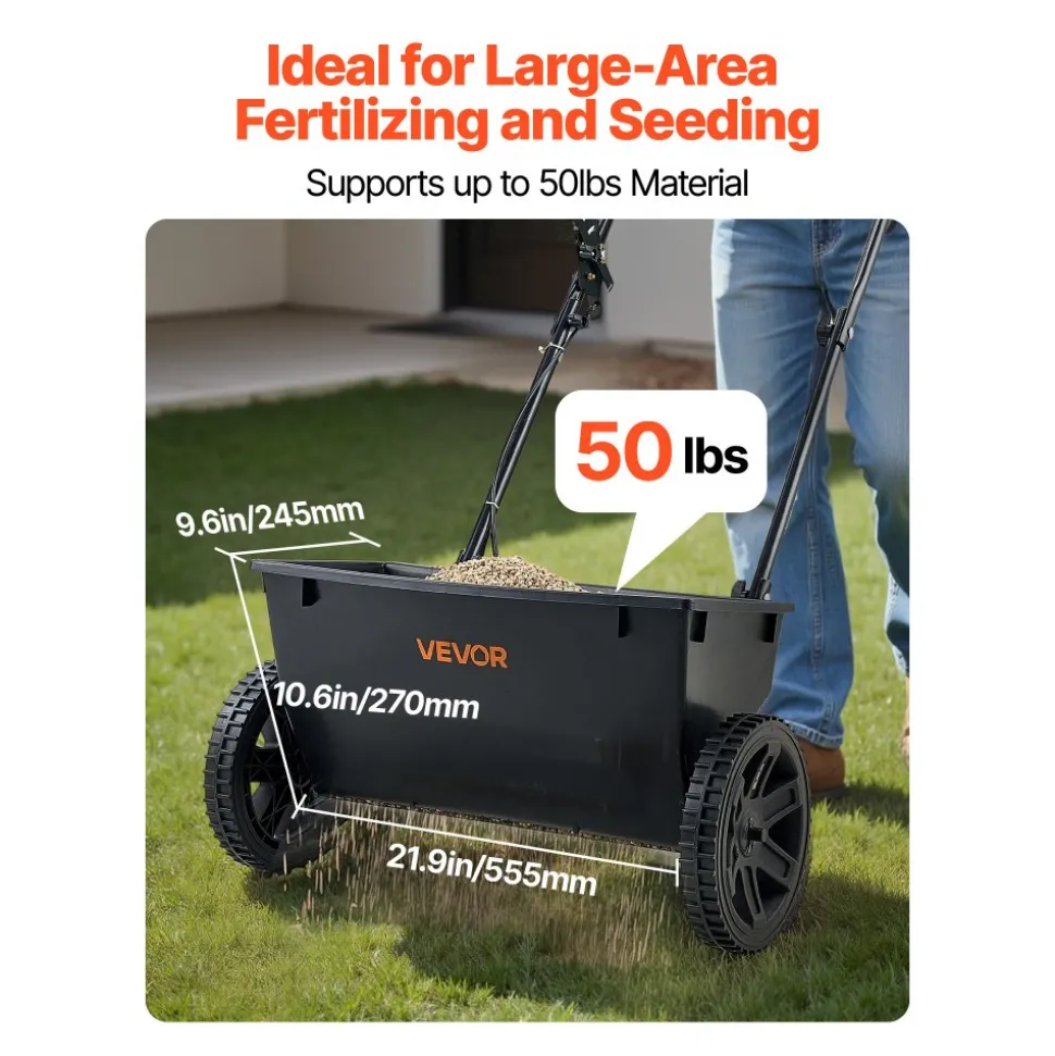 VEVOR Walk-Behind Push Spreader, 50LBS Capacity, Drop Spreader with Hopper Grate, 18 in Spreading Width & 30 Settings, 10 in All Terrain Tires, Garden & Lawn Spreaders for Seed, Fertilizer, Salt