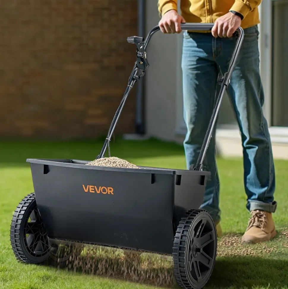 VEVOR Walk-Behind Push Spreader, 50LBS Capacity, Drop Spreader with Hopper Grate, 18 in Spreading Width & 30 Settings, 10 in All Terrain Tires, Garden & Lawn Spreaders for Seed, Fertilizer, Salt
