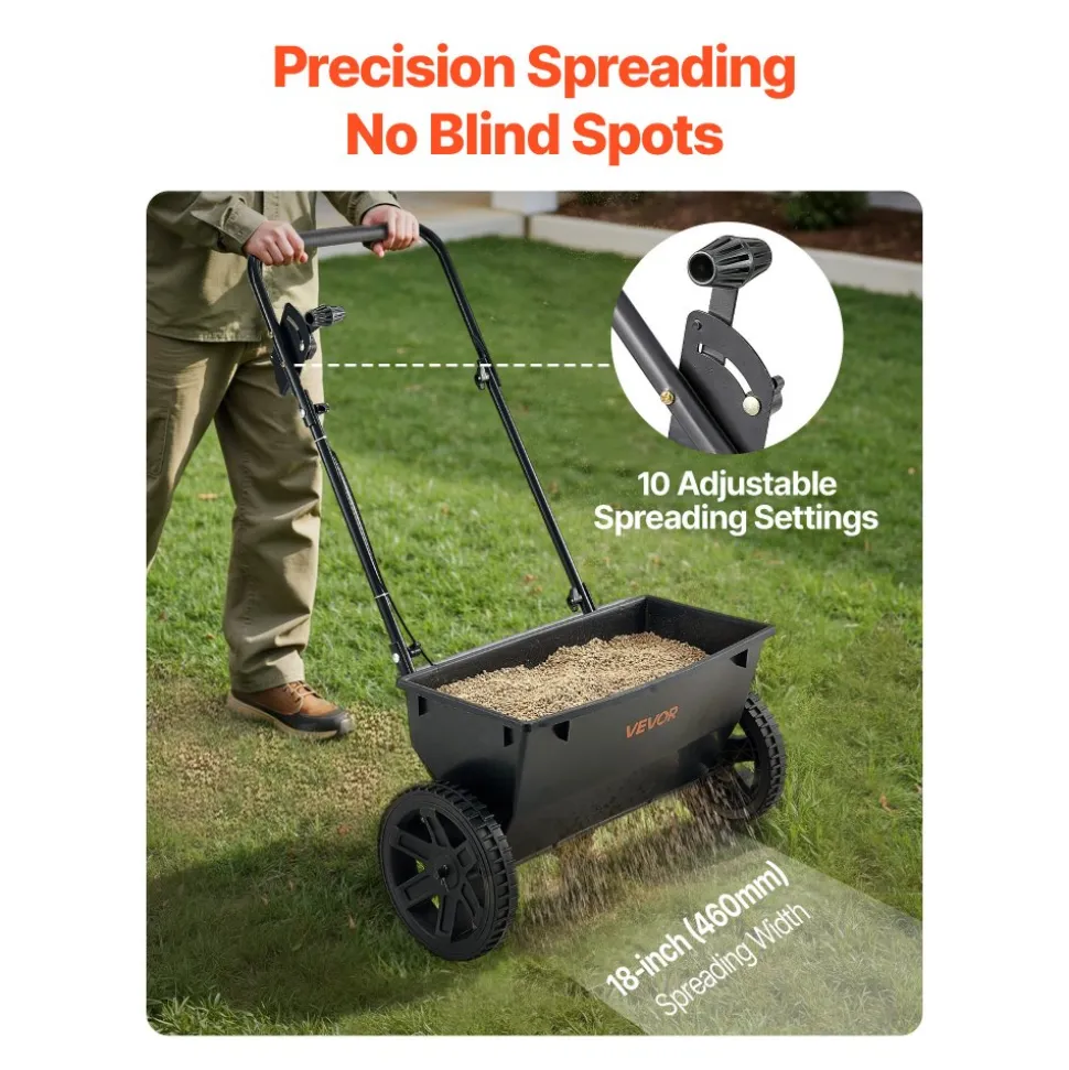 VEVOR Walk-Behind Push Spreader, 50LBS Capacity, Drop Spreader with Hopper Grate, 18 in Spreading Width & 30 Settings, 10 in All Terrain Tires, Garden & Lawn Spreaders for Seed, Fertilizer, Salt