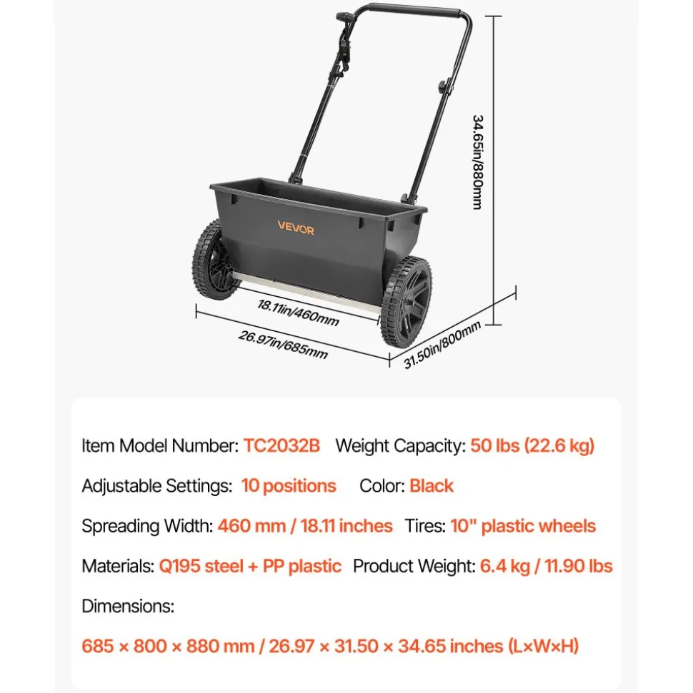 VEVOR Walk-Behind Push Spreader, 50LBS Capacity, Drop Spreader with Hopper Grate, 18 in Spreading Width & 30 Settings, 10 in All Terrain Tires, Garden & Lawn Spreaders for Seed, Fertilizer, Salt