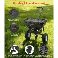 VEVOR Walk-Behind Spreader, 12ft Spreading Width, Push Broadcast Spreader with 13" All-Terrain Tires, Adjustable Flow Control, 130lbs Capacity Hopper, Lawn Spreaders for Fertilizer Seed Ice Melt