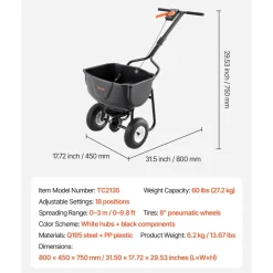VEVOR Walk Behind Spreader, 60LBS Capacity, Push Spreader with Hopper Grate, 0-9.8 ft Spreading Width, 8 in All Terrain Pneumatic Tires, Garden & Lawn Broadcast Spreaders, for Seed, Fertilizer