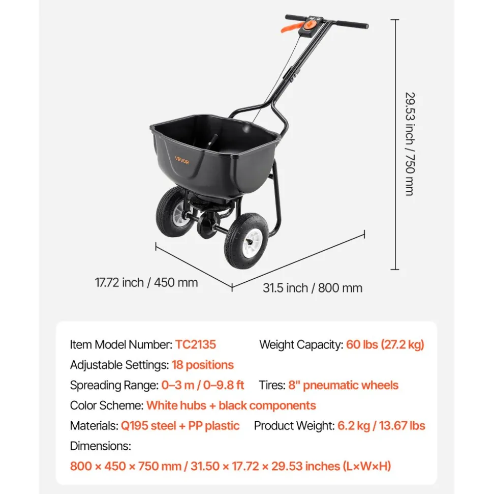 VEVOR Walk Behind Spreader, 60LBS Capacity, Push Spreader with Hopper Grate, 0-9.8 ft Spreading Width, 8 in All Terrain Pneumatic Tires, Garden & Lawn Broadcast Spreaders, for Seed, Fertilizer