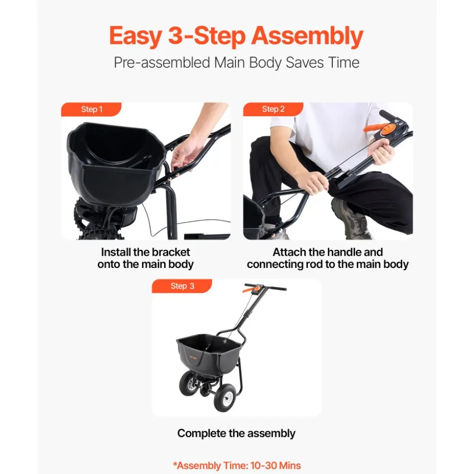 VEVOR Walk Behind Spreader, 60LBS Capacity, Push Spreader with Hopper Grate, 0-9.8 ft Spreading Width, 8 in All Terrain Pneumatic Tires, Garden & Lawn Broadcast Spreaders, for Seed, Fertilizer