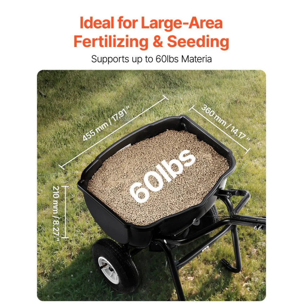 VEVOR Walk Behind Spreader, 60LBS Capacity, Push Spreader with Hopper Grate, 0-9.8 ft Spreading Width, 8 in All Terrain Pneumatic Tires, Garden & Lawn Broadcast Spreaders, for Seed, Fertilizer