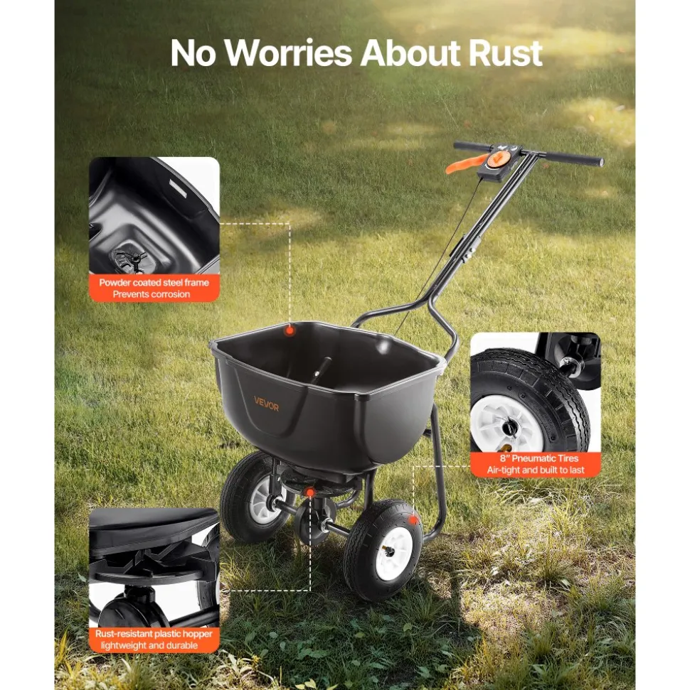 VEVOR Walk Behind Spreader, 60LBS Capacity, Push Spreader with Hopper Grate, 0-9.8 ft Spreading Width, 8 in All Terrain Pneumatic Tires, Garden & Lawn Broadcast Spreaders, for Seed, Fertilizer