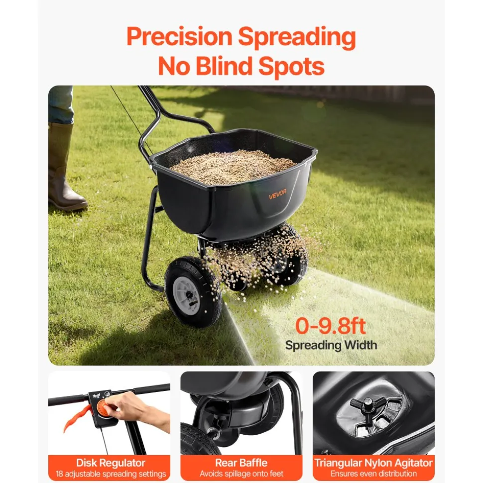 VEVOR Walk Behind Spreader, 60LBS Capacity, Push Spreader with Hopper Grate, 0-9.8 ft Spreading Width, 8 in All Terrain Pneumatic Tires, Garden & Lawn Broadcast Spreaders, for Seed, Fertilizer
