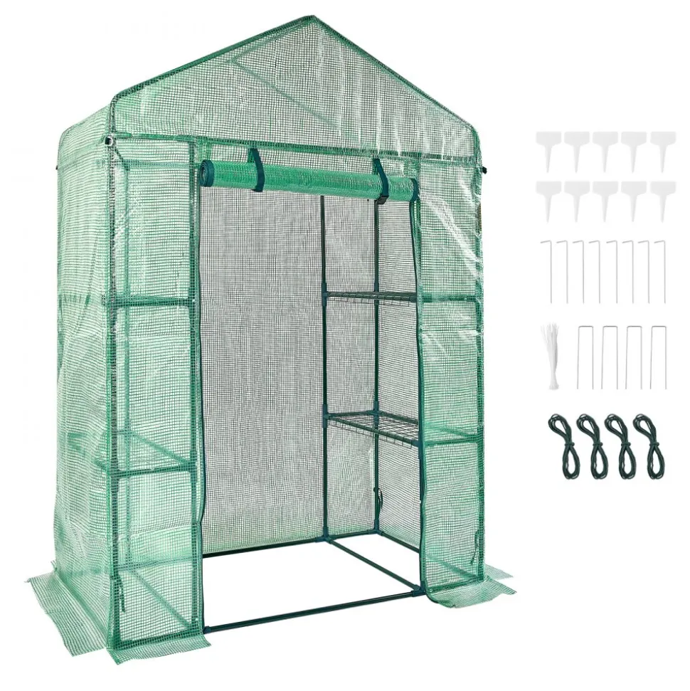 VEVOR Walk-in Green House, 4.6 x 2.4 x 6.7 ft, Greenhouse with Shelves, High Strength PE Cover with Doors, Windows and Steel Frame, Set Up in Minutes, for Planting and Storage
