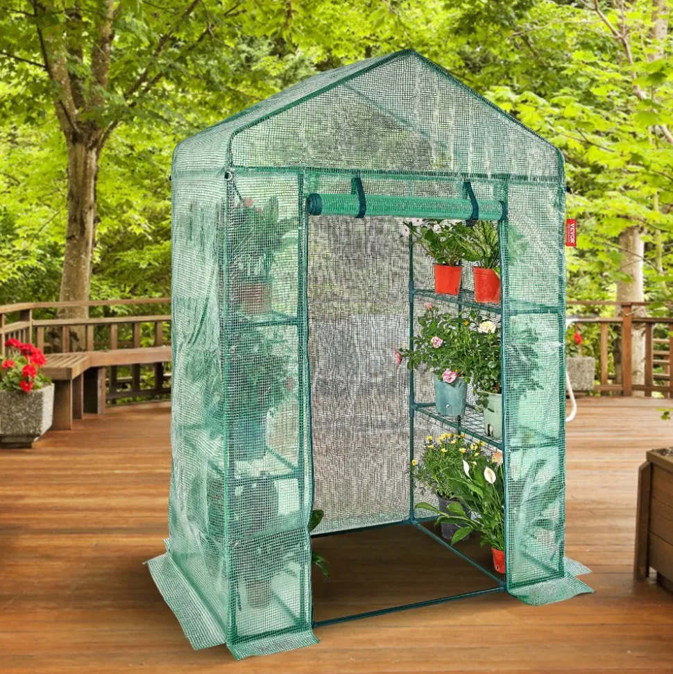 VEVOR Walk-in Green House, 4.6 x 2.4 x 6.7 ft, Greenhouse with Shelves, High Strength PE Cover with Doors, Windows and Steel Frame, Set Up in Minutes, for Planting and Storage