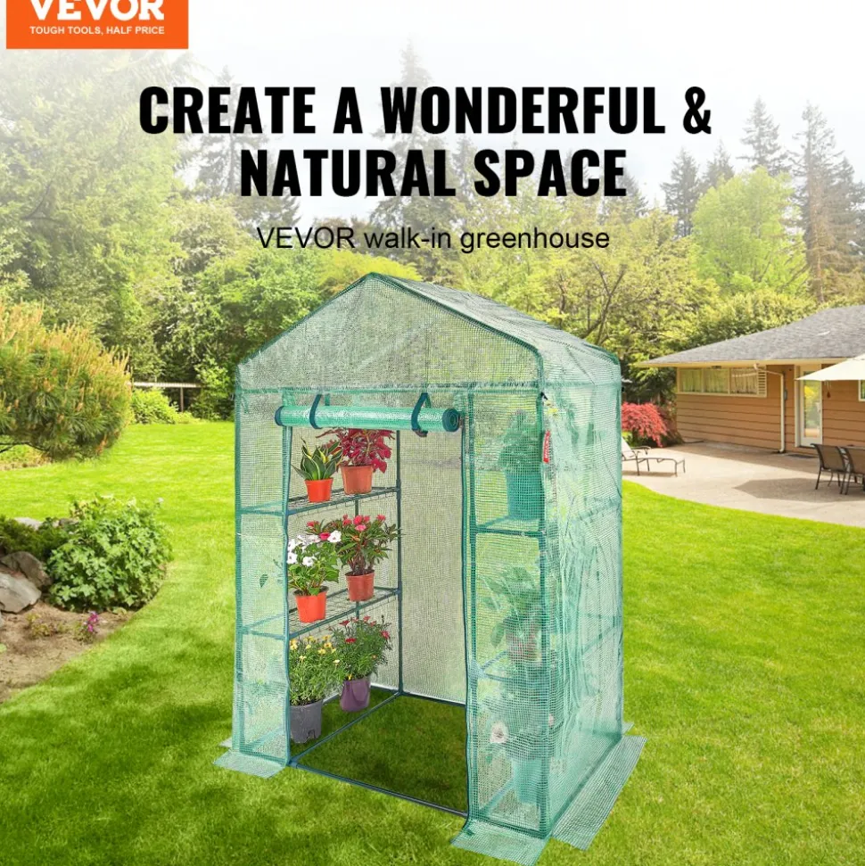 VEVOR Walk-in Green House, 4.6 x 2.4 x 6.7 ft, Greenhouse with Shelves, High Strength PE Cover with Doors, Windows and Steel Frame, Set Up in Minutes, for Planting and Storage