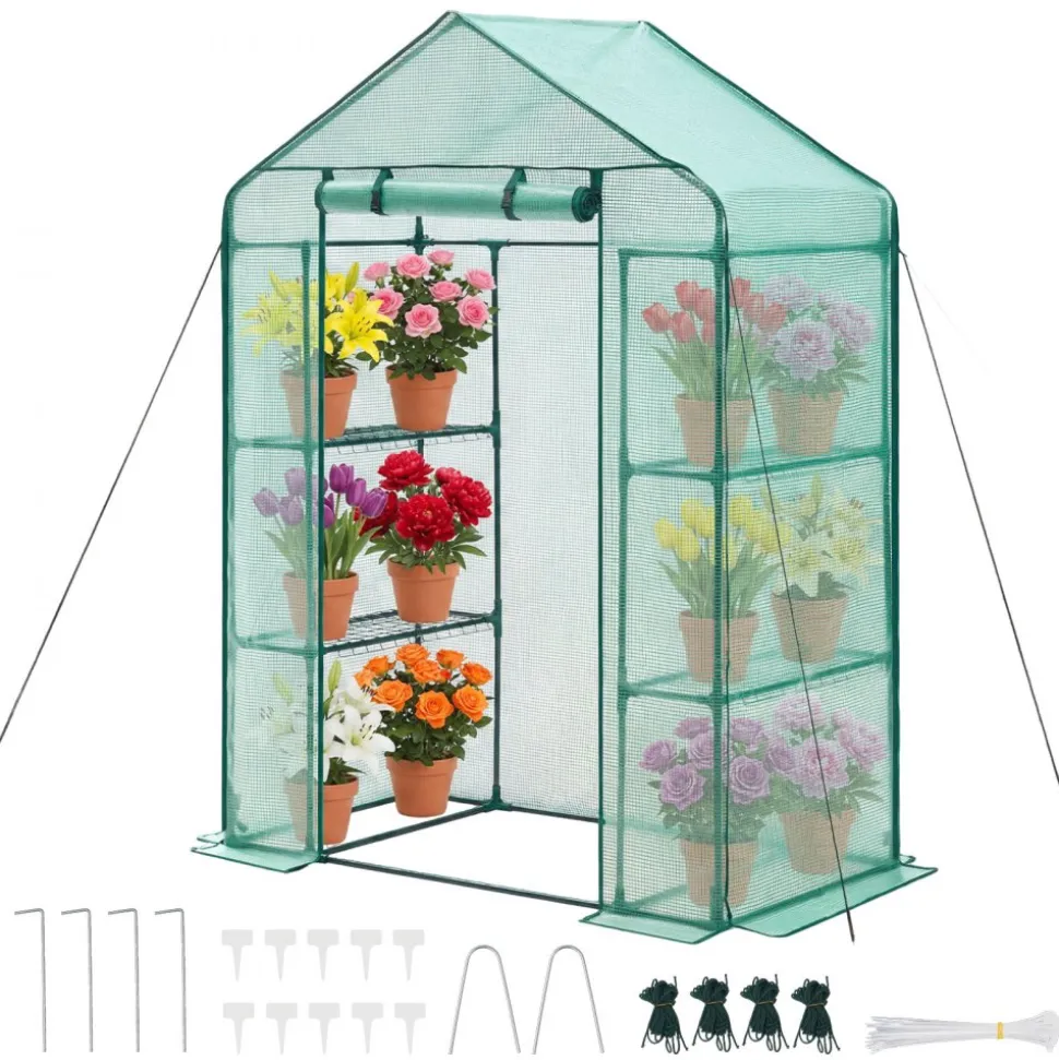 VEVOR Walk-in Greenhouse, 55.5" x 28.3" x 78.7" Greenhouse for Outdoors with PE Cover, 2 Tiers 4 Shelves, Roll-Up Zipper Door, Walk in Green House, Portable Plant Garden Hot House for Backyard Outside
