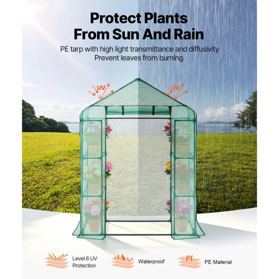VEVOR Walk-in Greenhouse, 55.5" x 28.3" x 78.7" Greenhouse for Outdoors with PE Cover, 2 Tiers 4 Shelves, Roll-Up Zipper Door, Walk in Green House, Portable Plant Garden Hot House for Backyard Outside