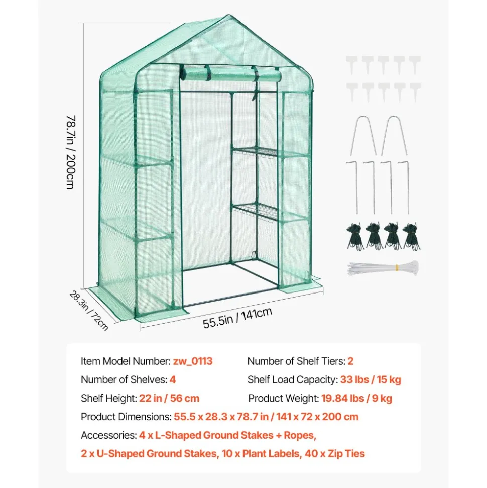 VEVOR Walk-in Greenhouse, 55.5" x 28.3" x 78.7" Greenhouse for Outdoors with PE Cover, 2 Tiers 4 Shelves, Roll-Up Zipper Door, Walk in Green House, Portable Plant Garden Hot House for Backyard Outside