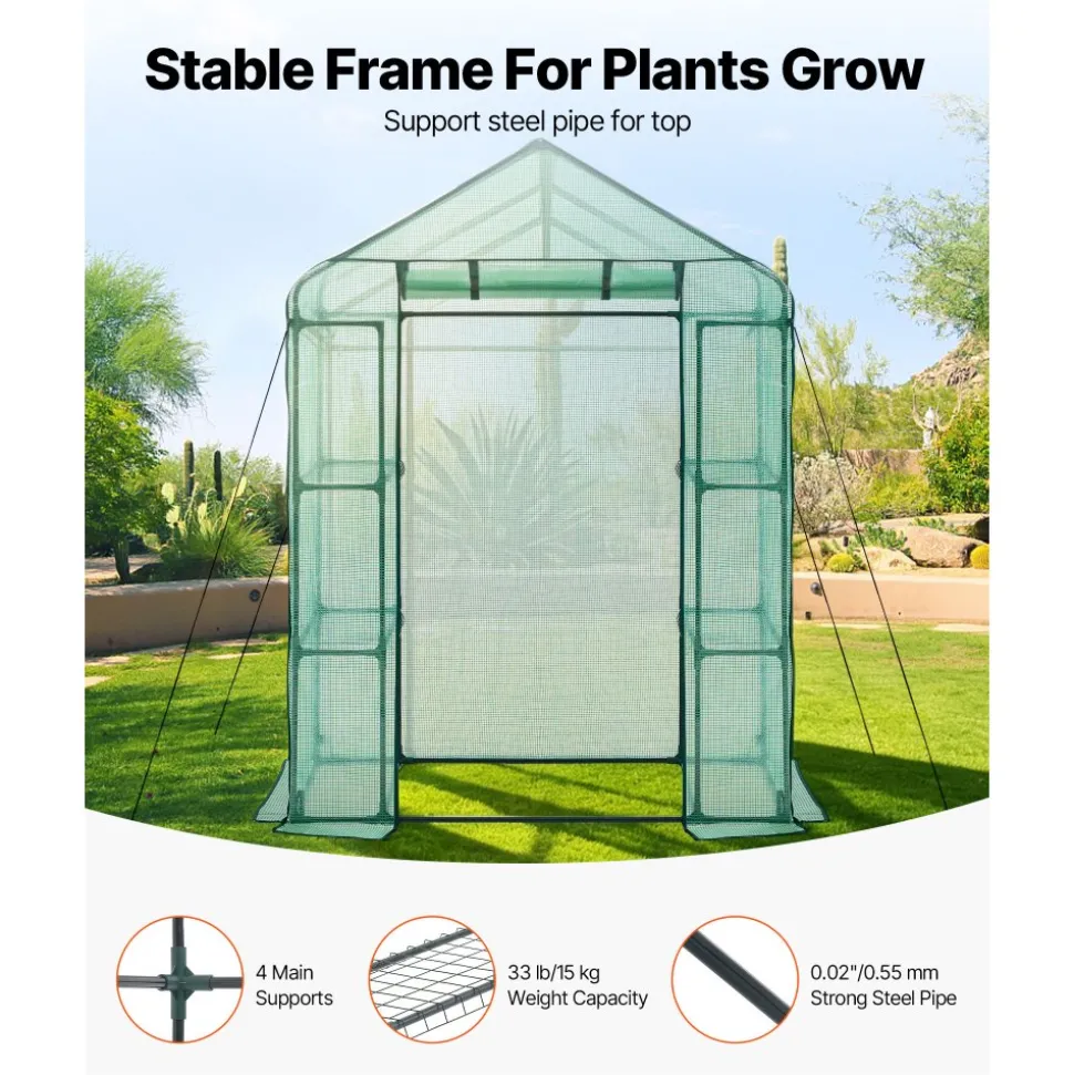 VEVOR Walk-in Greenhouse, 55.5" x 28.3" x 78.7" Greenhouse for Outdoors with PE Cover, 2 Tiers 4 Shelves, Roll-Up Zipper Door, Walk in Green House, Portable Plant Garden Hot House for Backyard Outside