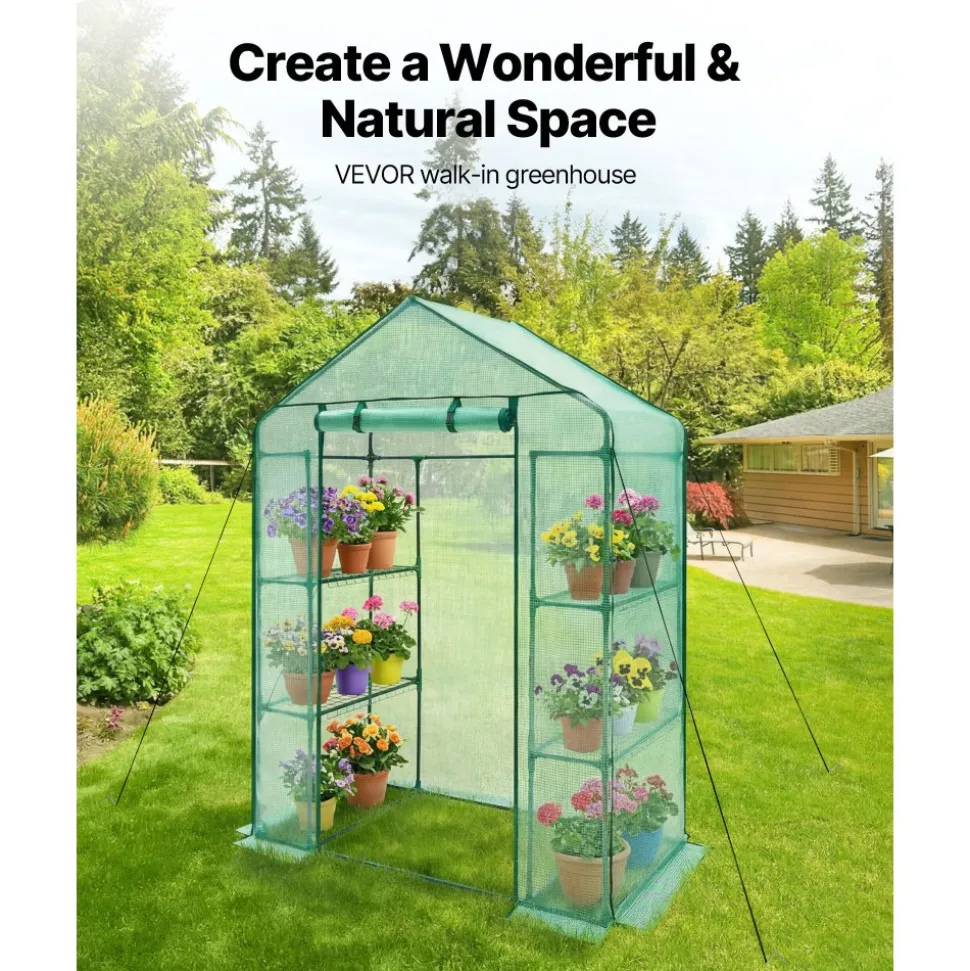 VEVOR Walk-in Greenhouse, 55.5" x 28.3" x 78.7" Greenhouse for Outdoors with PE Cover, 2 Tiers 4 Shelves, Roll-Up Zipper Door, Walk in Green House, Portable Plant Garden Hot House for Backyard Outside