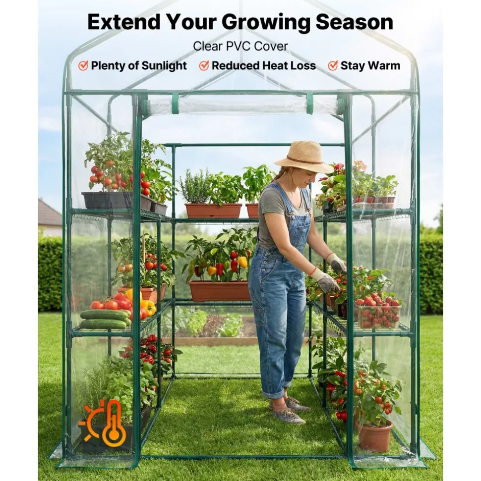 VEVOR Walk-in Green House, 54 x 54 x 77.2 in, Greenhouse with Shelves, High Strength PE Cover with Zipper Door and Steel Frame, Assembly in Minutes, Suitable for Planting and Storage