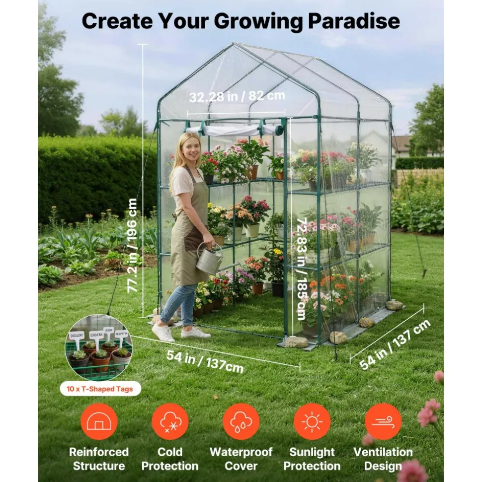 VEVOR Walk-in Green House, 54 x 54 x 77.2 in, Greenhouse with Shelves, High Strength PE Cover with Zipper Door and Steel Frame, Assembly in Minutes, Suitable for Planting and Storage