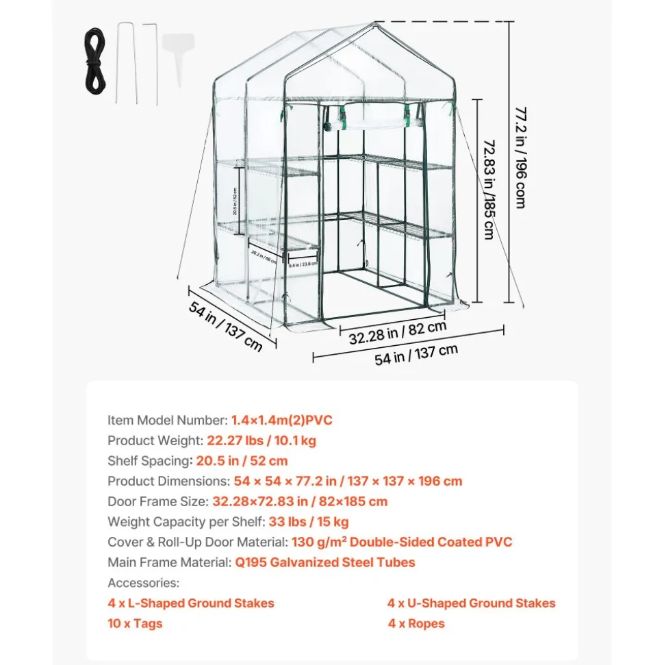 VEVOR Walk-in Green House, 54 x 54 x 77.2 in, Greenhouse with Shelves, High Strength PE Cover with Zipper Door and Steel Frame, Assembly in Minutes, Suitable for Planting and Storage