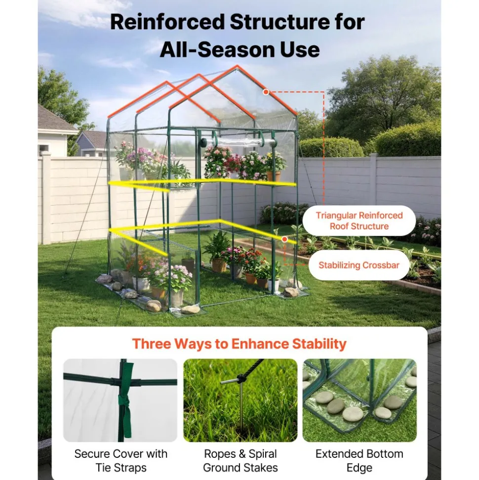 VEVOR Walk-in Green House, 54 x 54 x 77.2 in, Greenhouse with Shelves, High Strength PE Cover with Zipper Door and Steel Frame, Assembly in Minutes, Suitable for Planting and Storage