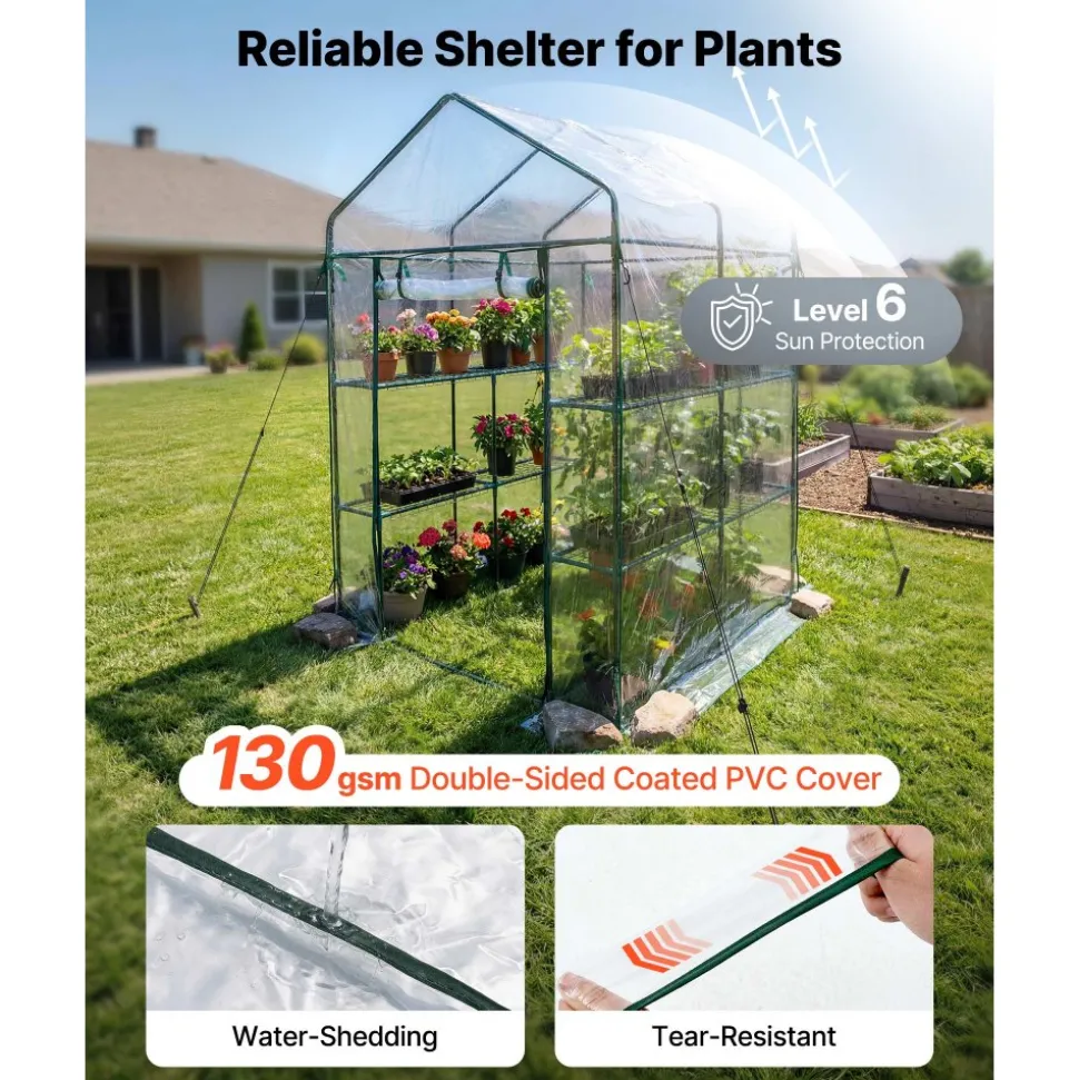 VEVOR Walk-in Green House, 54 x 54 x 77.2 in, Greenhouse with Shelves, High Strength PE Cover with Zipper Door and Steel Frame, Assembly in Minutes, Suitable for Planting and Storage