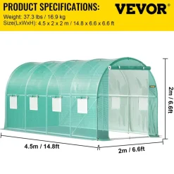 VEVOR Walk-in Tunnel Greenhouse, 15 x 7 x 7 ft Portable Plant Hot House with Galvanized Steel Hoops, 1 Top Beam, Diagonal Poles, Zippered Door & 8 Roll-up Windows, Green