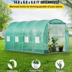 VEVOR Walk-in Tunnel Greenhouse, 15 x 7 x 7 ft Portable Plant Hot House with Galvanized Steel Hoops, 1 Top Beam, Diagonal Poles, Zippered Door & 8 Roll-up Windows, Green