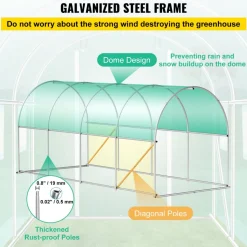 VEVOR Walk-in Tunnel Greenhouse, 15 x 7 x 7 ft Portable Plant Hot House with Galvanized Steel Hoops, 1 Top Beam, Diagonal Poles, Zippered Door & 8 Roll-up Windows, Green