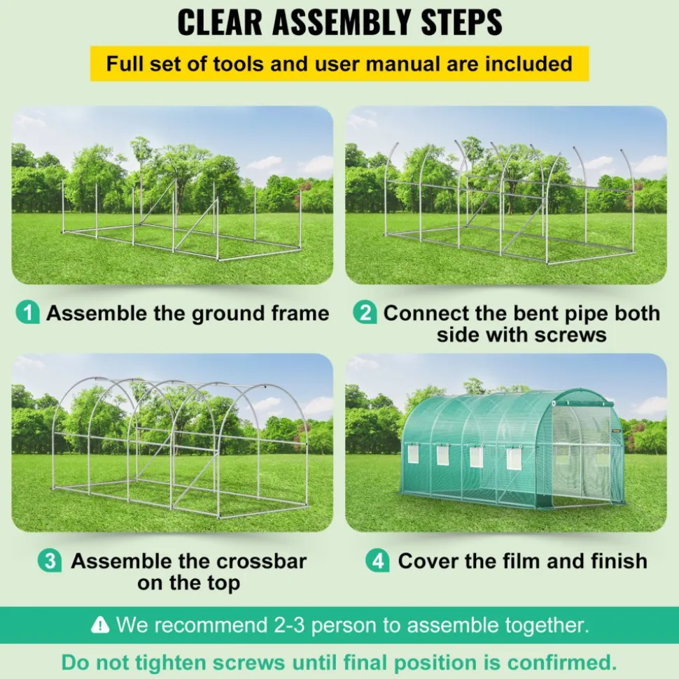 VEVOR Walk-in Tunnel Greenhouse, 15 x 7 x 7 ft Portable Plant Hot House with Galvanized Steel Hoops, 1 Top Beam, Diagonal Poles, Zippered Door & 8 Roll-up Windows, Green