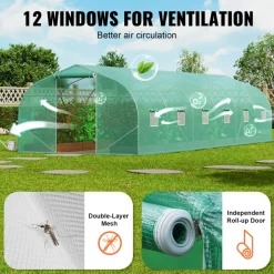 VEVOR Walk-in Tunnel Greenhouse, 29.5x9.8x6.6 ft Hoop House Greenhouse Tunnel, Peaked Roof Plant Hot House with Galvanized Steel Frame, Green PE Cover, Roll-up Zipper Door and 12 Windows for Outdoor