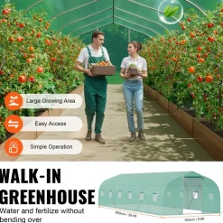 VEVOR Walk-in Tunnel Greenhouse, 29.5x9.8x6.6 ft Hoop House Greenhouse Tunnel, Peaked Roof Plant Hot House with Galvanized Steel Frame, Green PE Cover, Roll-up Zipper Door and 12 Windows for Outdoor